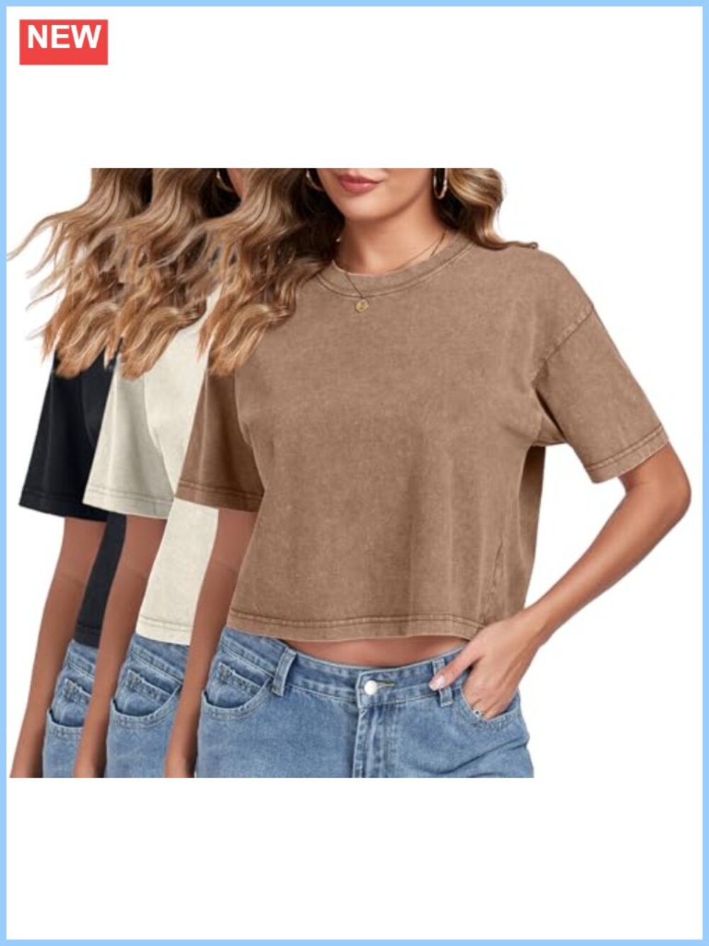 Womens Crop Top Acid Wash Short Sleeve Crew Neck Cotton T-Shirt